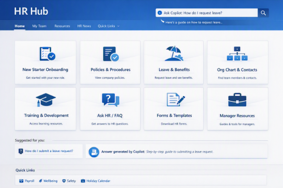 Example HR SharePoint hub: one front door for onboarding, policies, training, employee self-service and manager resources.